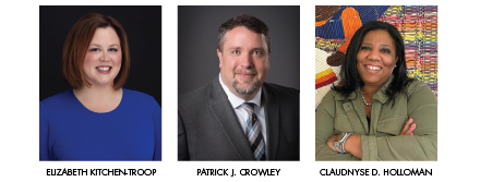 A banner of headshots featuring new SBM commissioners Patrick J. Crowley, Claudnyse D. Holloman, and Elizabeth Kitchen-Troop